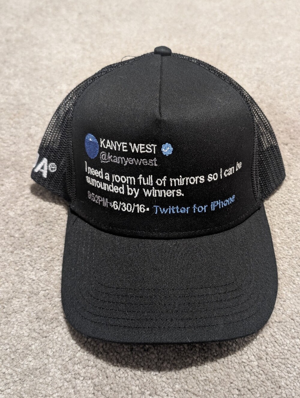 Laja Kanye West Black Mesh Trucker Hat with Embroidered Tweet